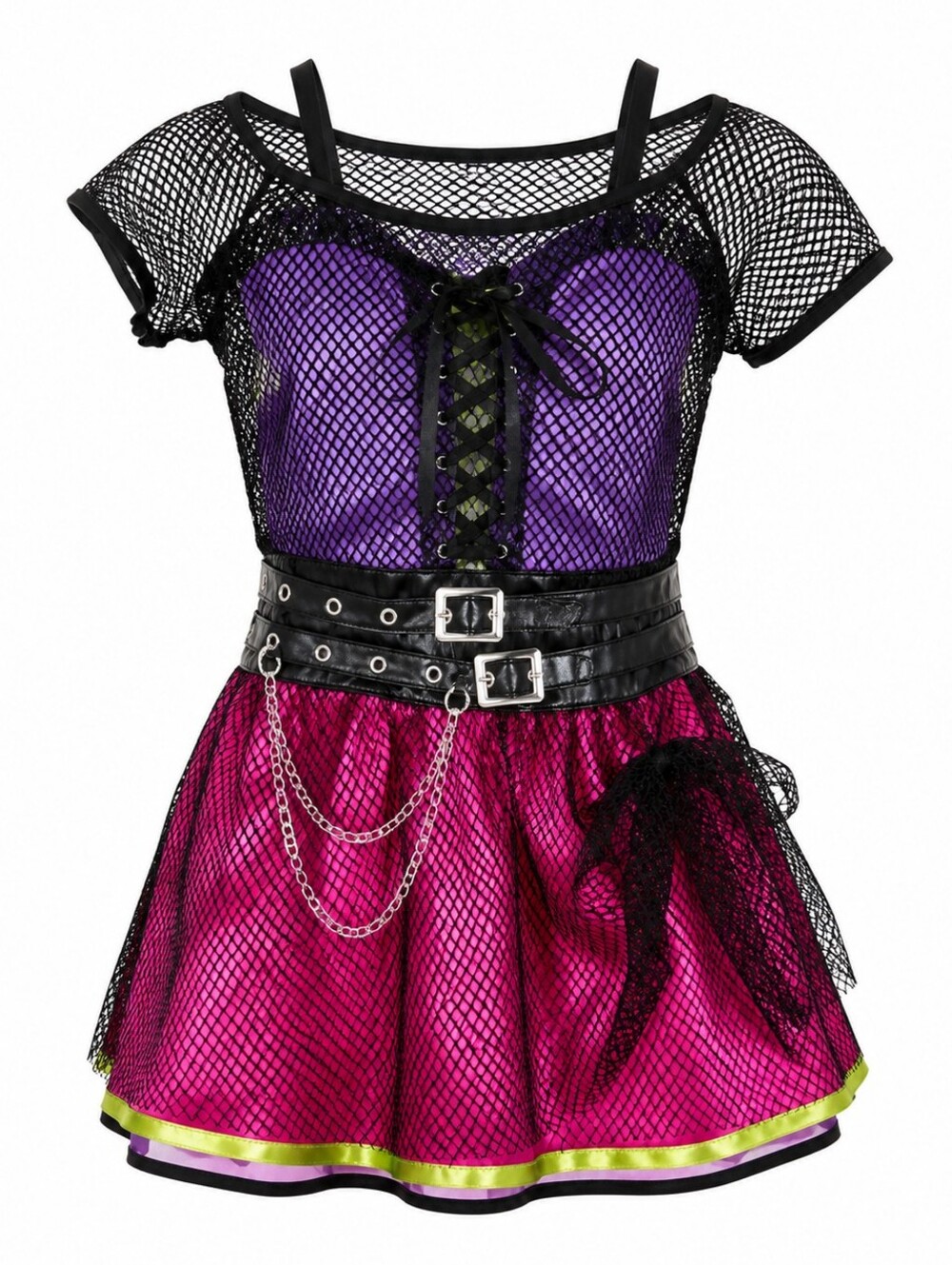 Amscan Girls 80s Punk Rock Costume Dress Fishnet Purple Pink Belted Halloween OS